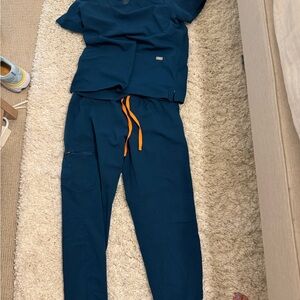 Navy Blue Scrub Set with Orange Drawstring
